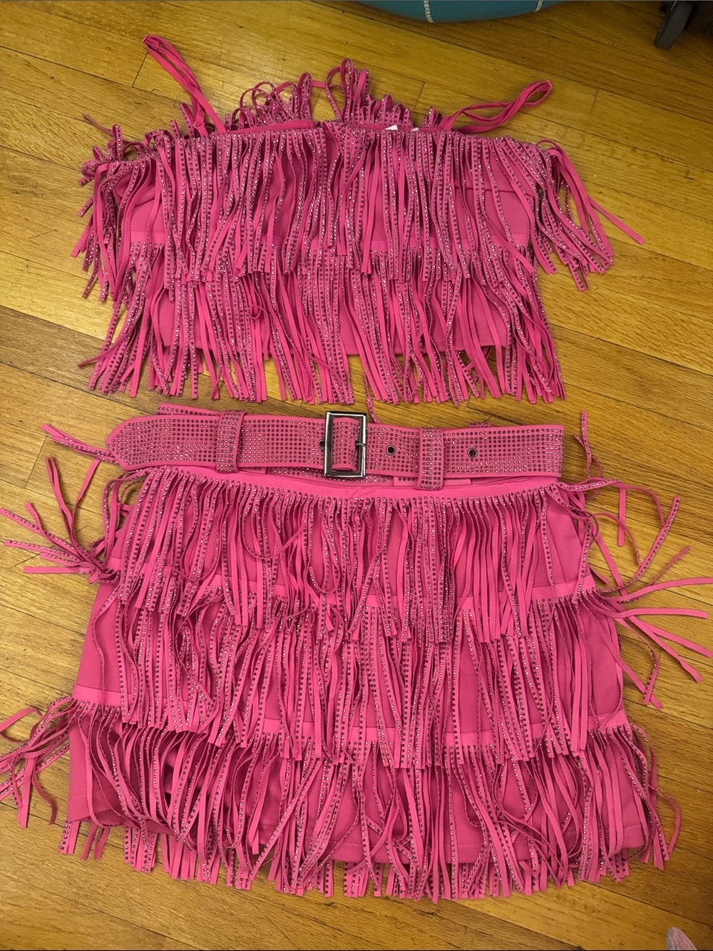 Nylon Apparel Pink rhinestone Fringe Skort Set Cropped Tank + Mini Skirt Small - Picture 14 of 14